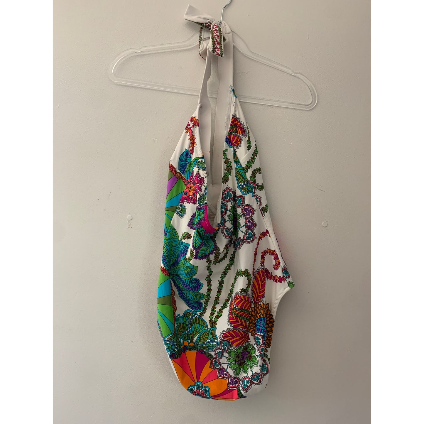 Trina Turk Meilani One Piece Plunge Neck Halter Floral Swimsuit White Green 8