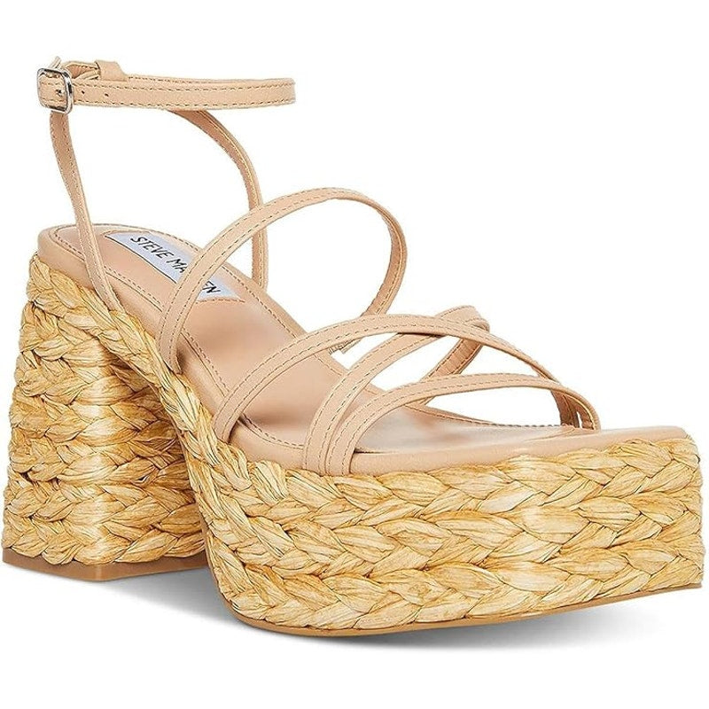 Steve Madden Women's Belise Heeled Wicker Straw Platform Y2K Strappy Sandal 7.5