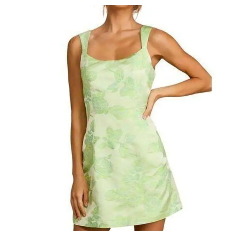 Lulu's Brighter Side Green Floral Satin Jacquard Mini Dress Large