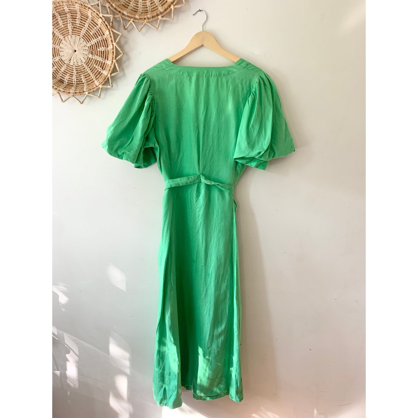 Nicholas Troy Linen Lantern Sleeve Green Dress Size 10