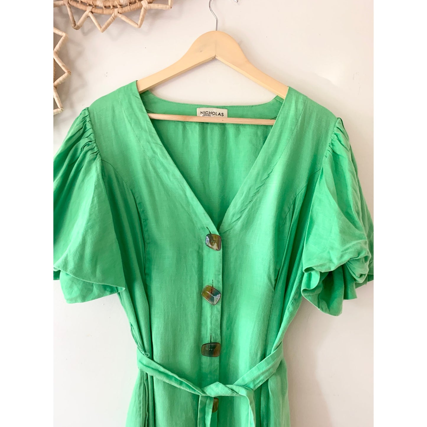 Nicholas Troy Linen Lantern Sleeve Green Dress Size 10
