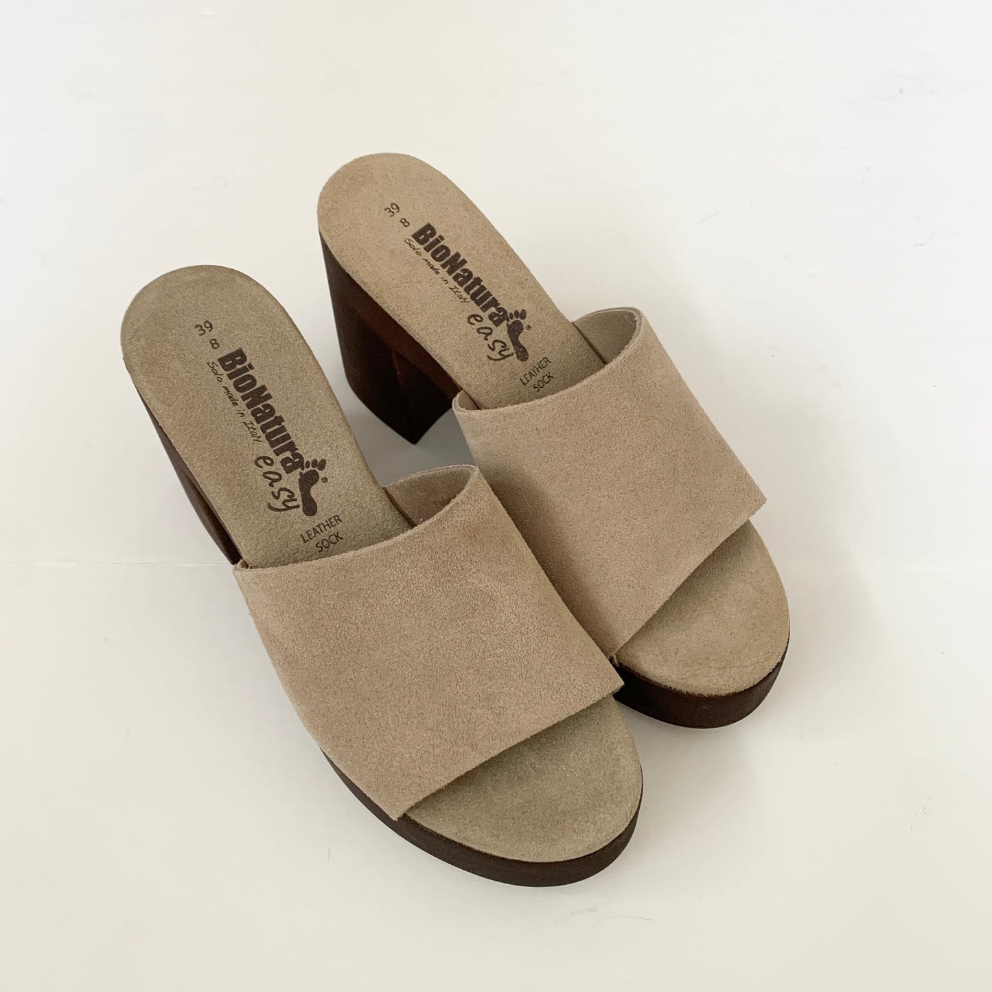 BioNatura Suede Italian Taupe Mule Clog Sandals 39 /8 Platform Heel