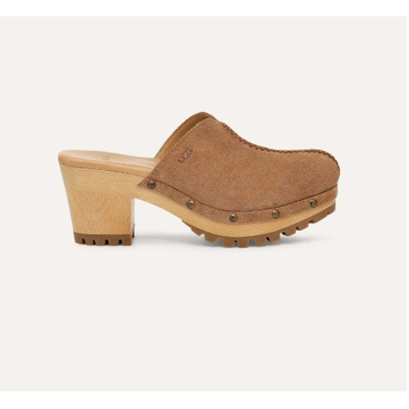 UGG Judi Suede Tan Clog Mule Wooden Slip On Heeled Shoes Size 7 194715659445