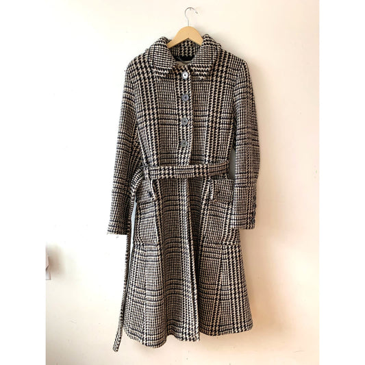 Burberry London Women's Houndstooth Plaid Brown Wool Belted Swing Coat 14
