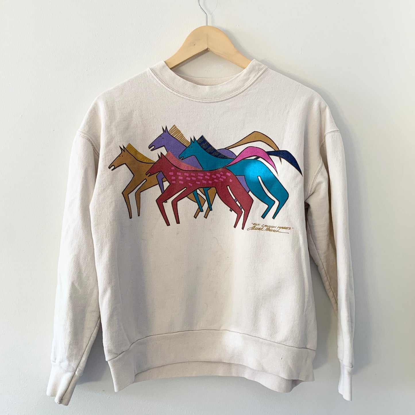 Laurel Burch Vintage 90s Elk Canyon Mares Sweatshirt Cream Medium