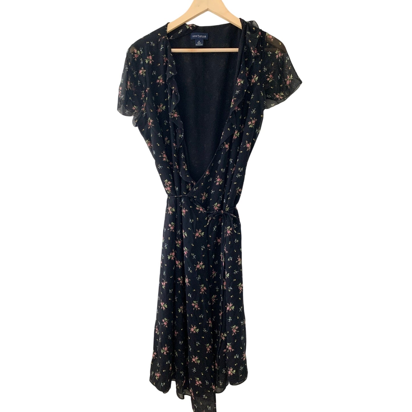 Ann Taylor Vintage 90s Floral Maxi Midi Black Silk Wrap Dress 12