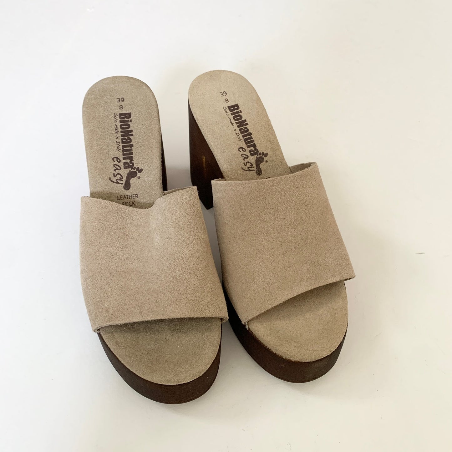 BioNatura Suede Italian Taupe Mule Clog Sandals 39 /8 Platform Heel