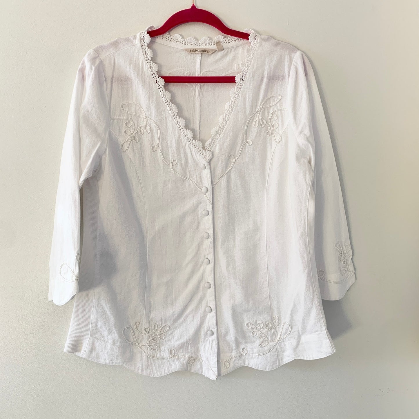Soft Surroundings White Embroidered Boho Blouse Shirt Cotton Top Medium