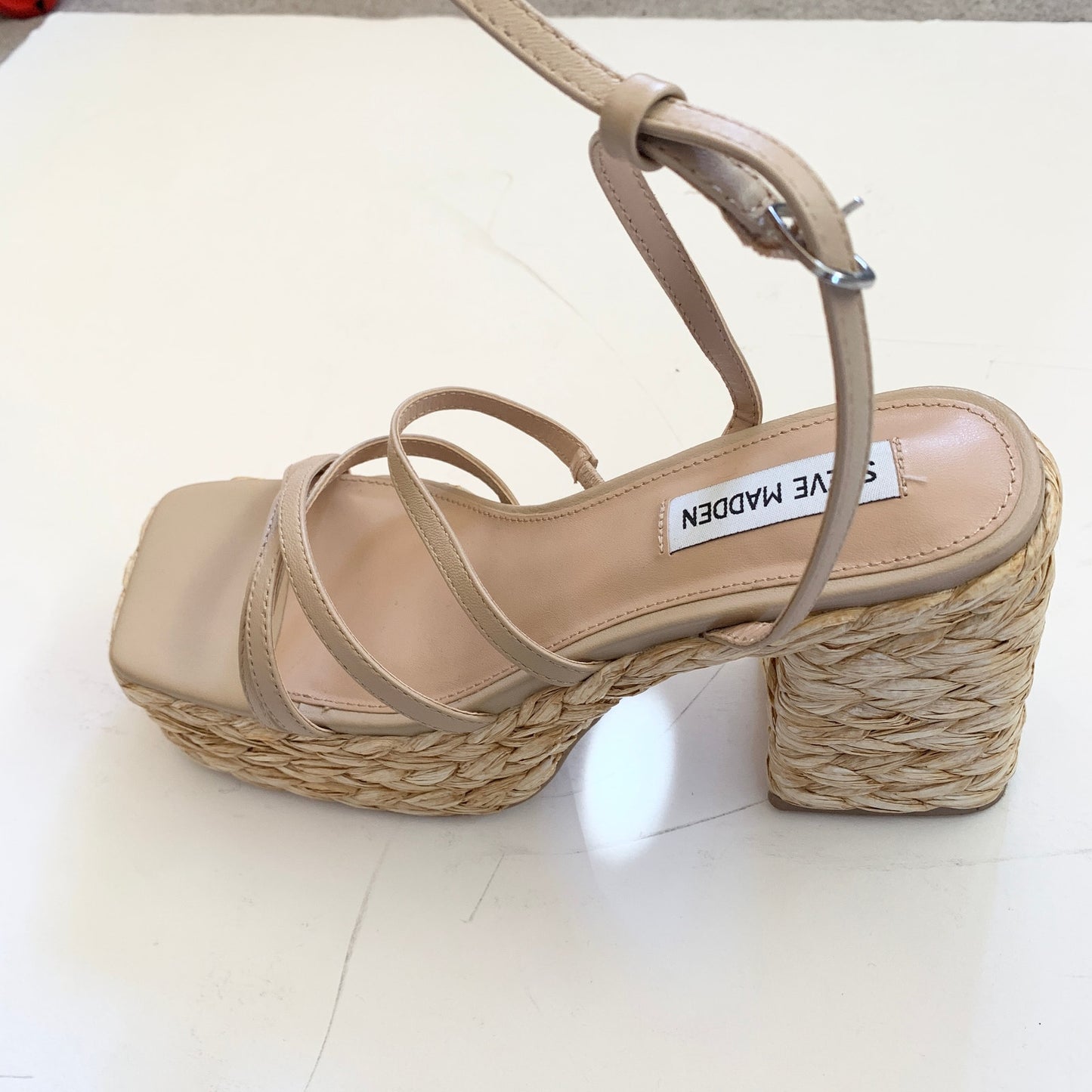 Steve Madden Women's Belise Heeled Wicker Straw Platform Y2K Strappy Sandal 7.5