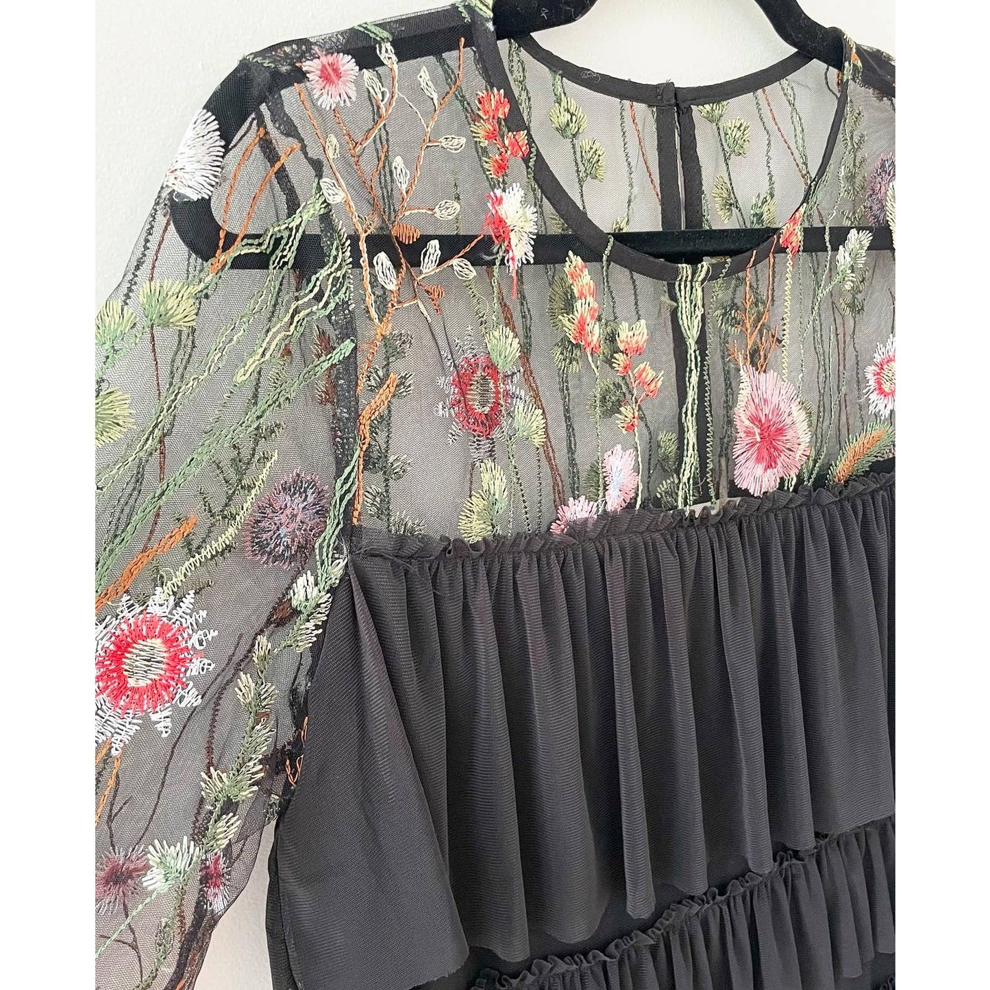 Entro Black Floral Embroidered Sheer Ruffle Shirt