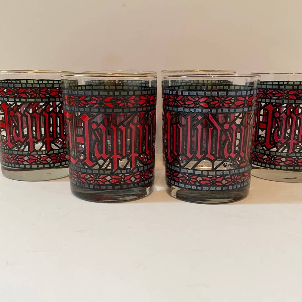 Vintage Houze Happy Holidays Christmas Red Green Glass Cups Set of 6