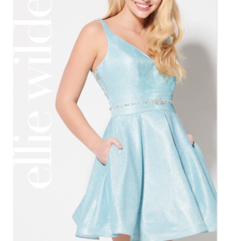 Ellie Wilde Sleeveless Glitter A Line Mini Cinderella Prom HOCO Blue Dress