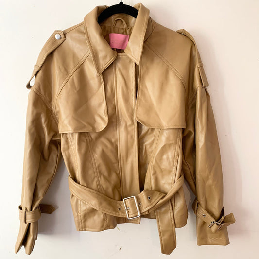 Azalea Wang Faux Leather Camel Belted Short Moto Jacket large