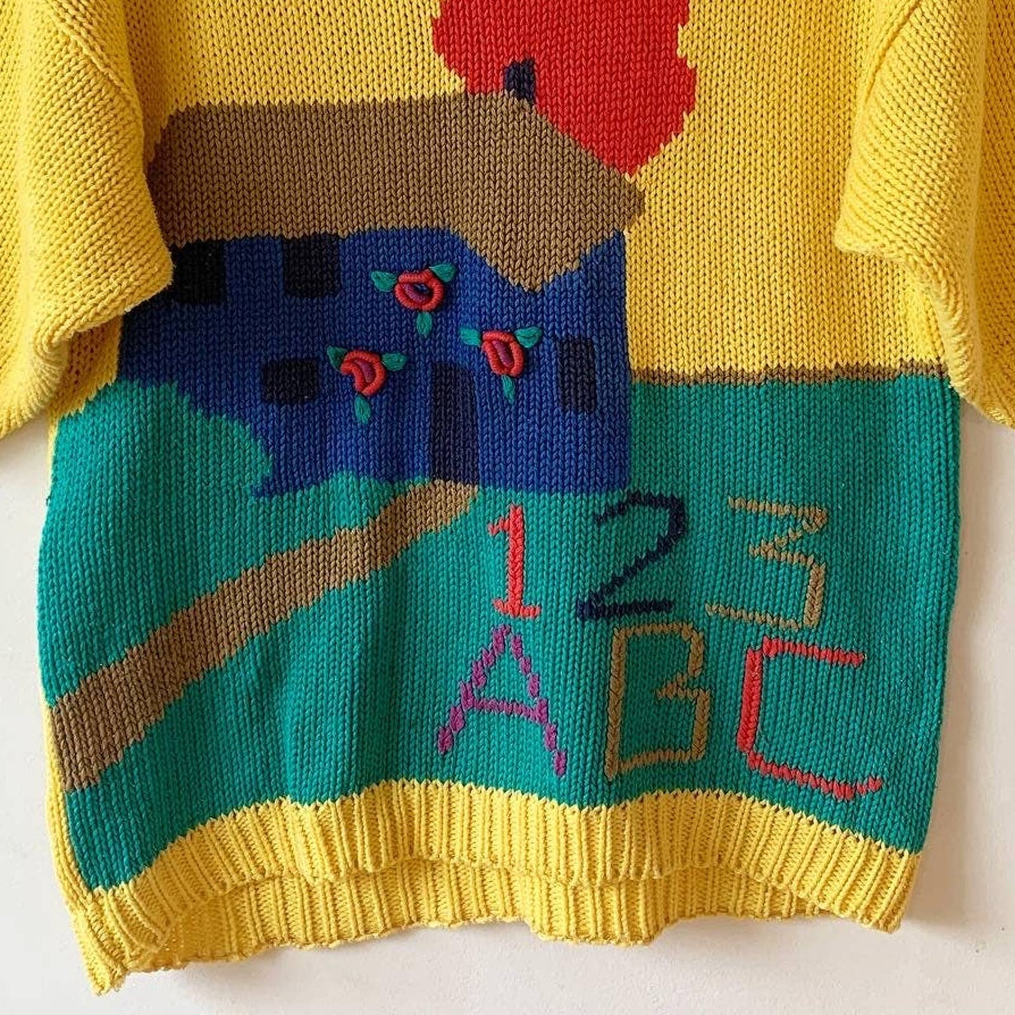 Vintage Novelty Chaus Teacher School Knit Yellow ABC House Sweater