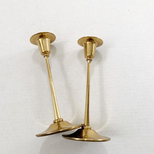 Vintage Mid-Century Modern Brass Candlesticks with Candles