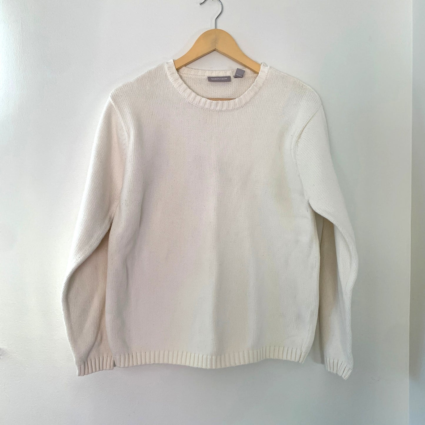 Nordstrom White Cream Cotton Knit Crewneck Sweater Size Large