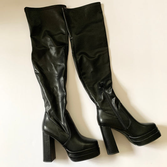 Platform Over Knee High Chunky Square Toe GoGo Y2K Faux Leather Black Boots 8.5