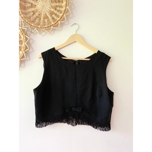 VINTAGE Fringe Cropped Tank Black Blouse Medium