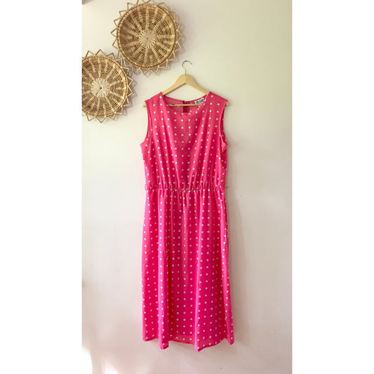 BLAIR Vintage Pink White Polka Dot Fit Flare Midi Dress Large