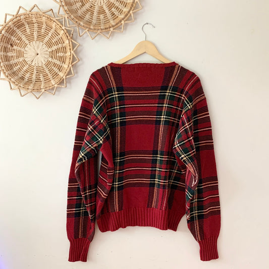 Ralph Lauren Polo 90s Vintage Tartan Plaid Red Pullover Crewneck Sweater Large