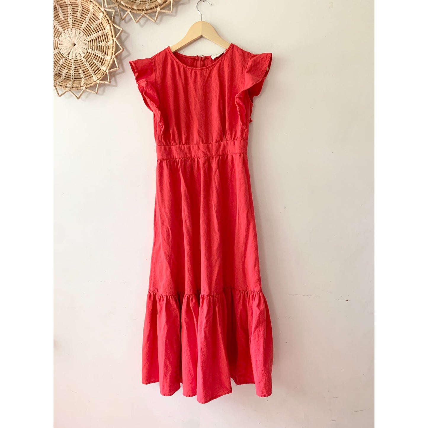 CYNTHIA ROWLEY Red Linen Ruffle Sleeve Maxi Dress XS