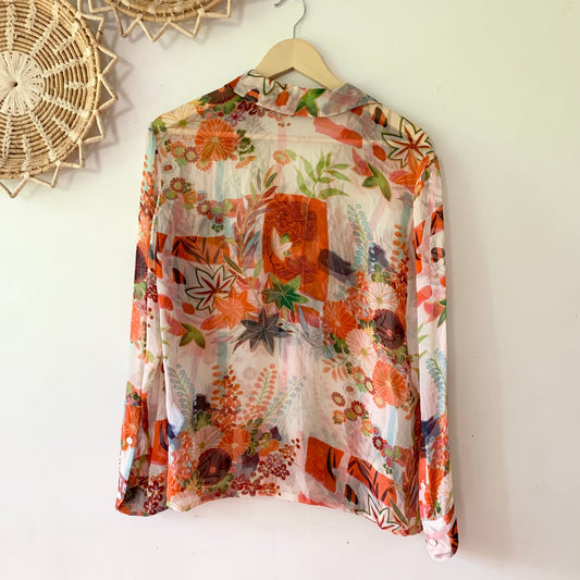 EQUIPMENT Hawaiian Silk Printed Blouse Button Up Shirt Orange Medium