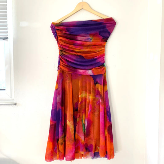 Elana Kattan Red Purple Chiffon Tube Midi Summer Dress Medium