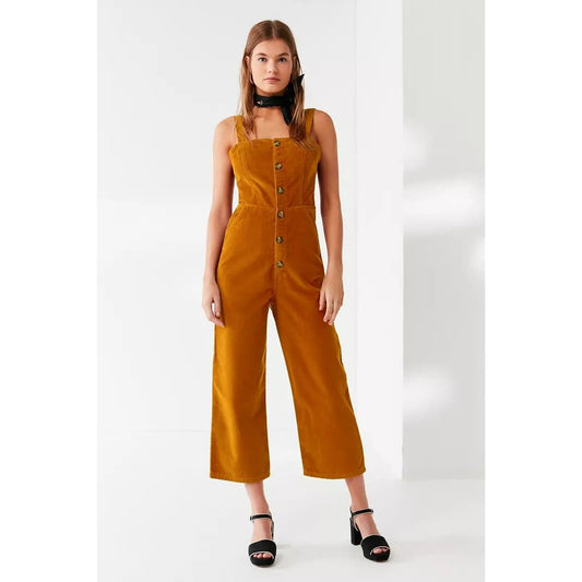 BDG Urban Outfitters Yellow Mustard Dungaree Cropped Corduroy Button Front Jumpsuit Overalls Medium