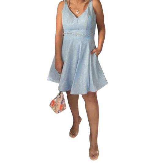 Ellie Wilde Sleeveless Glitter A Line Mini Cinderella Prom HOCO Blue Dress