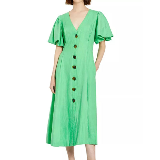 Nicholas Troy Linen Lantern Sleeve Green Dress Size 10