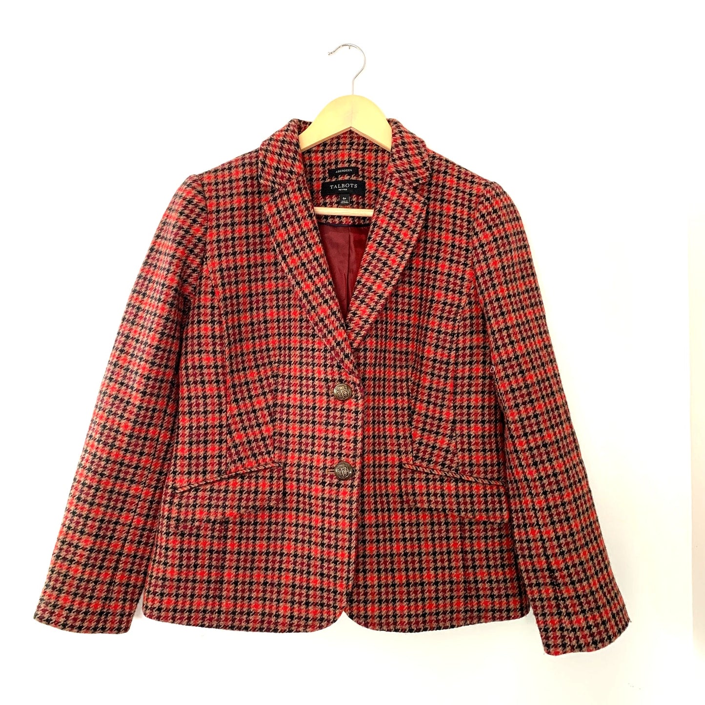 Talbots Shetland Aberdeen Plaid Wool Brown Red Blazer Size 6 Petite