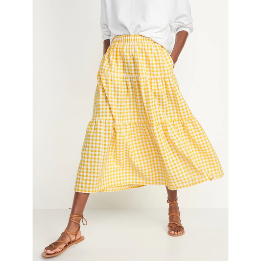 OLD NAVY Yellow Gingham Seersucker Midi Skirt Large