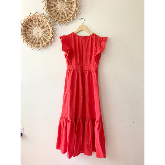 CYNTHIA ROWLEY Red Linen Ruffle Sleeve Maxi Dress XS