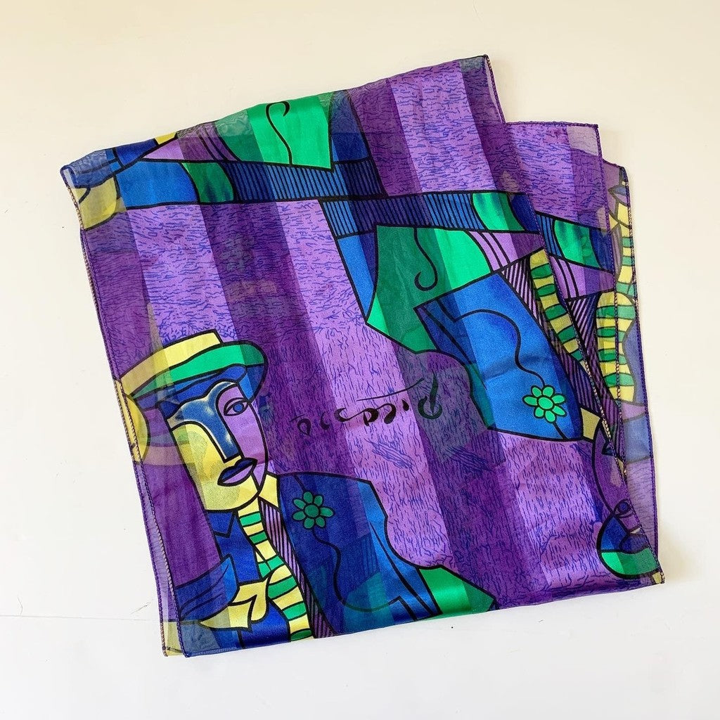 Vintage Picasso Abstract Blue Purple Yellow Scarf