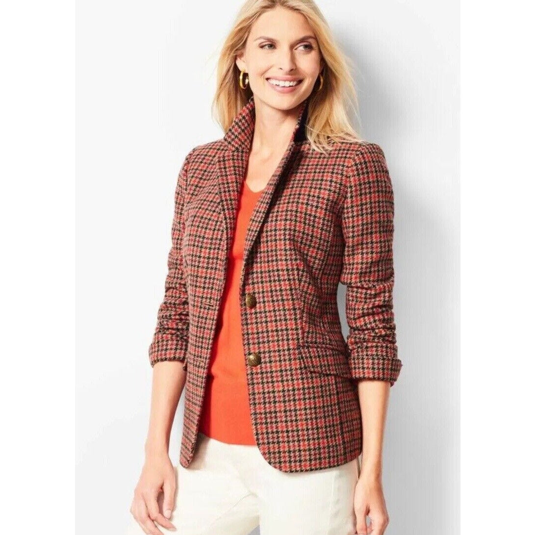 Talbots Shetland Aberdeen Plaid Wool Brown Red Blazer Size 6 Petite