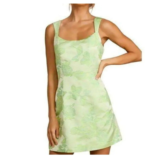 Lulu's Brighter Side Green Floral Satin Jacquard Mini Dress Large