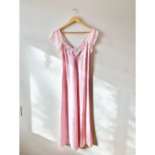 Oscar De La Renta Pink Satin Full Length Nightgown Slip Vintage