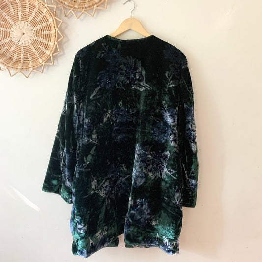 Eva Franco Anthropologie Floral Velvet Green Car Coat Jacket New Size Large