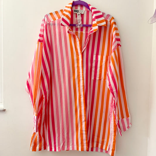 Beach Riot Alexa Pink White Orange Sunset Stripe Cotton Button Swim Top Shirt  L