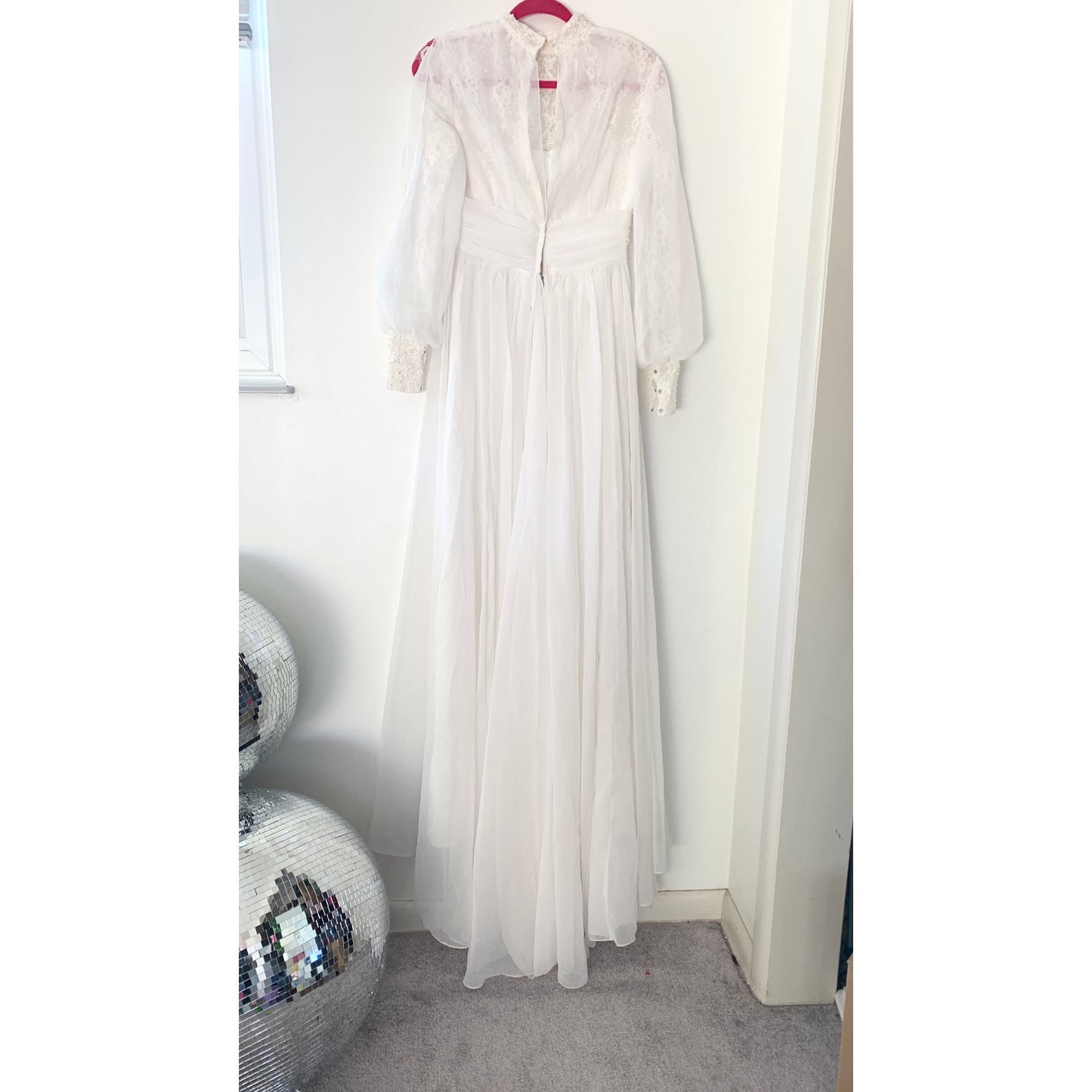 Vintage 1970s Union Made Lace Beaded Floor Length White Wedding Dress Gown