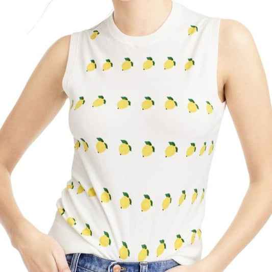 J. Crew Lemon Print Sleeveless Knit Vest Cotton White Yellow Shirt Large