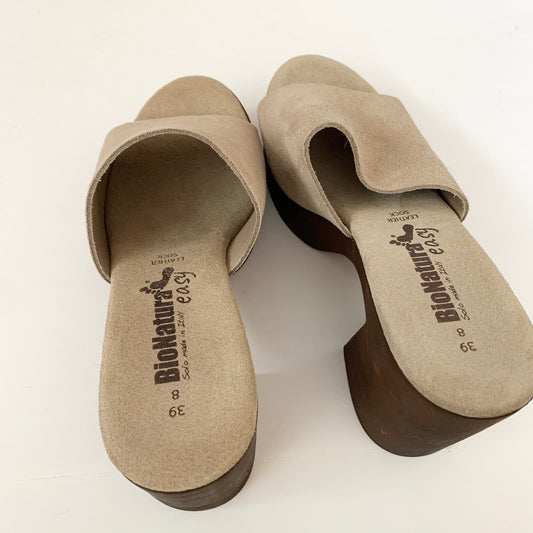 BioNatura Suede Italian Taupe Mule Clog Sandals 39 /8 Platform Heel