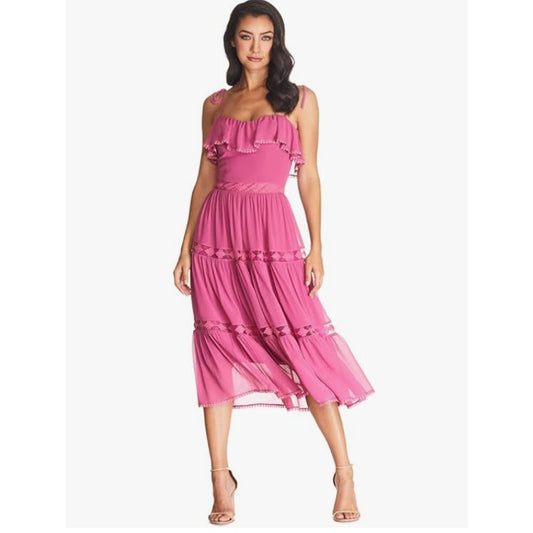 DRESS THE POPULATION Dream Sleeveless Ruffle Lace Tiered Midi Dress Pink M NEW