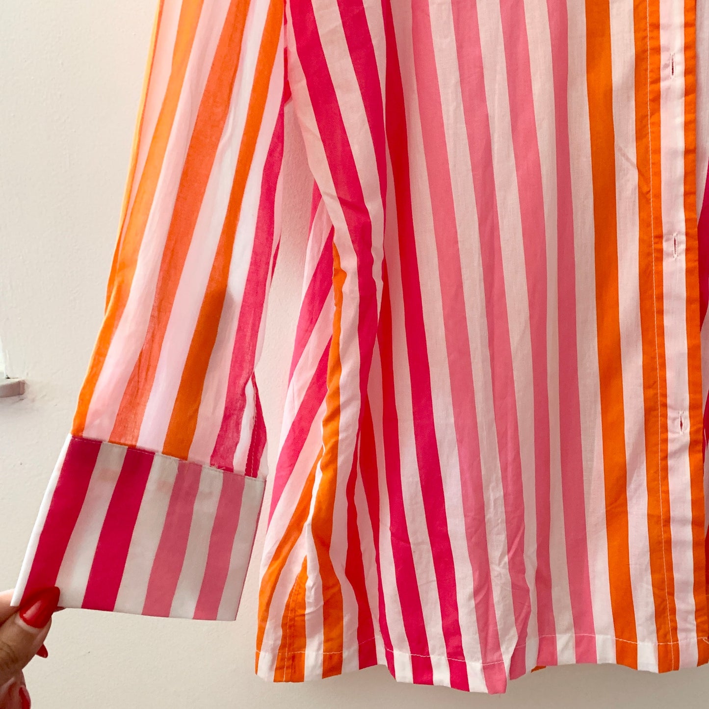 Beach Riot Alexa Pink White Orange Sunset Stripe Cotton Button Swim Top Shirt  L