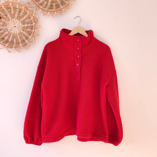 Loft Sherpa Red Fleece Half Button Funnel Neck Pullover Sweater Sweatshirt XL