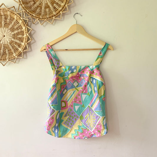 LUCIE ANN Vintage Tropical Pastel Sleeveless Tank Blouse Small