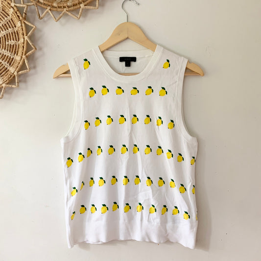 J. Crew Lemon Print Sleeveless Knit Vest Cotton White Yellow Shirt Large