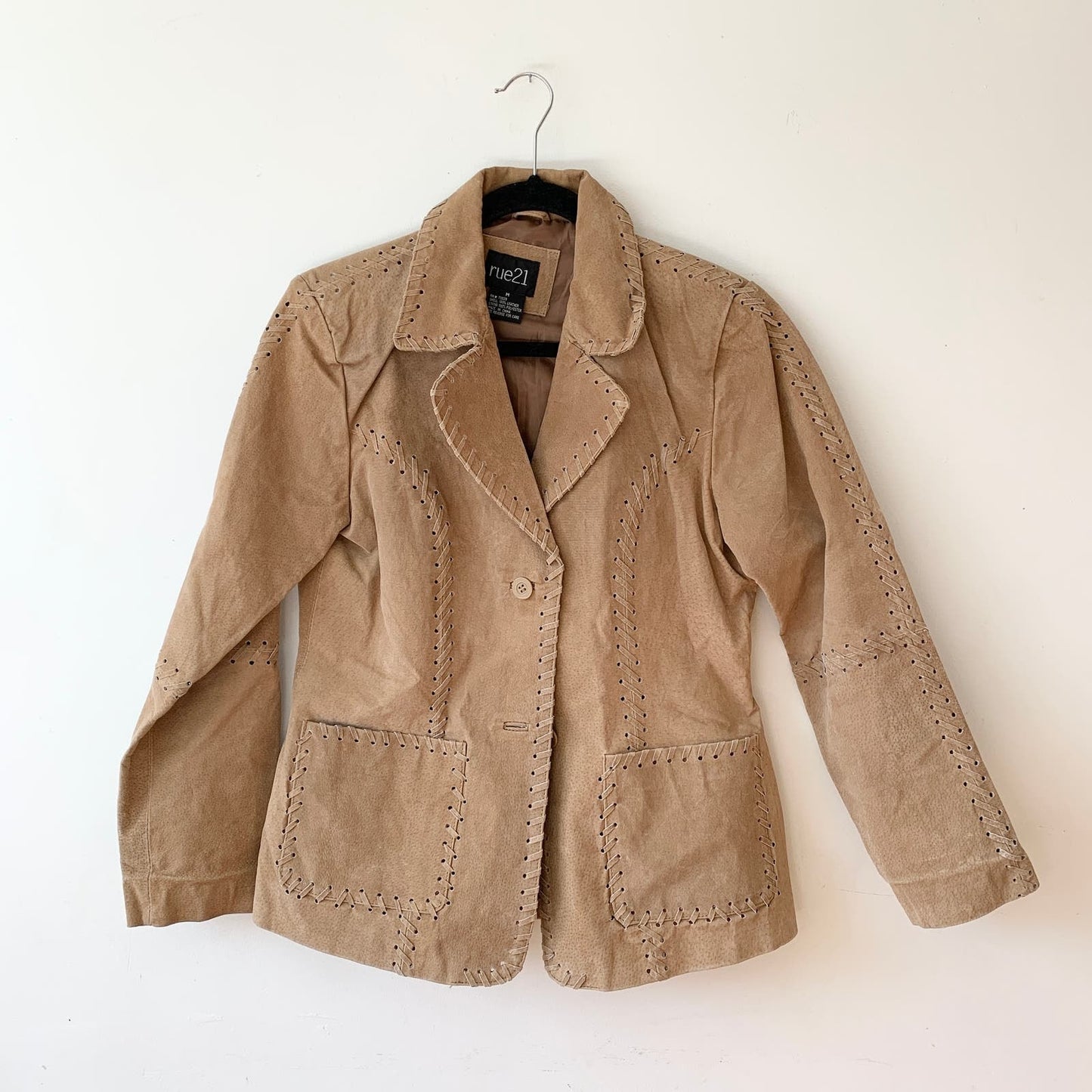 Vintage Y2K Tan Camel Stitched Leather Suede Jacket Medium