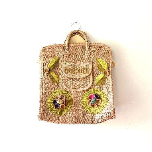 MEXICO Vintage 70s Handmade Straw Woven Purse Beach Bag Neon Green