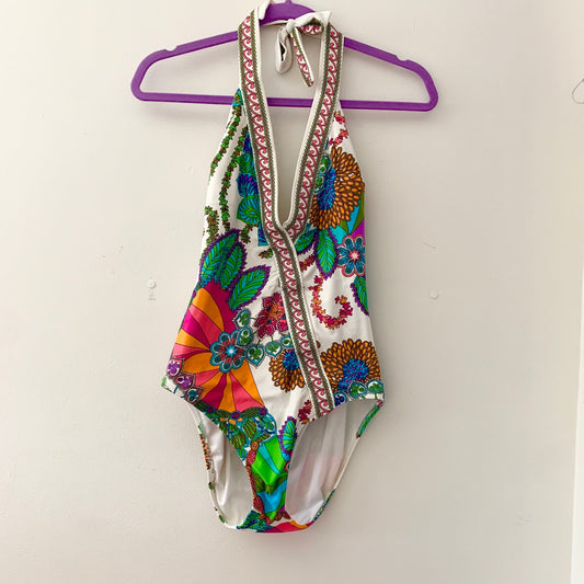 Trina Turk Meilani One Piece Plunge Neck Halter Floral Swimsuit White Green 8
